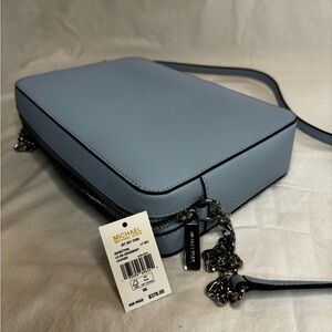 NWT Michael Kors Jet Set Saffiano Leather Crossbody Lt Sky Blue Chain Strap Bag